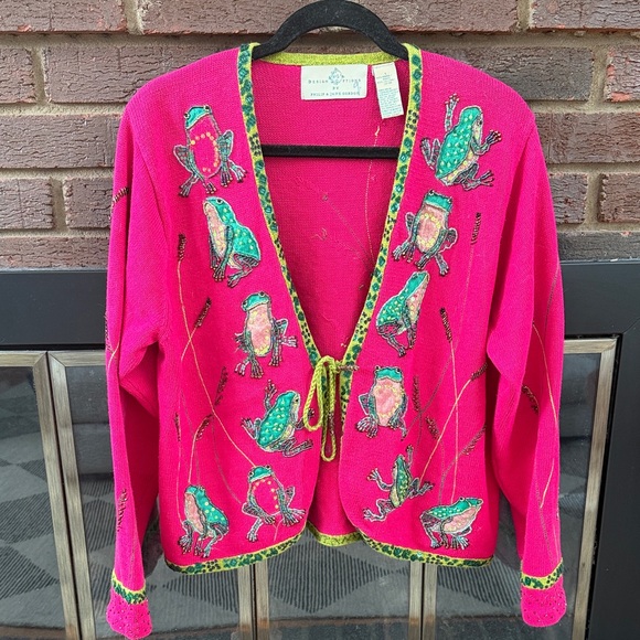 Design Options Sweaters - Vibrant Pink Frog Cardigan with Green Accents